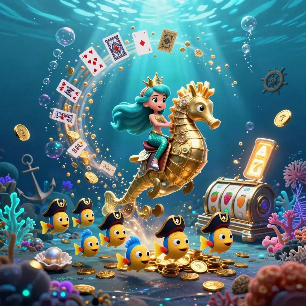 Mermaid princess on golden seahorse amid neon treasure, bubbles, fish, coral, cards, and casino symbols underwater.