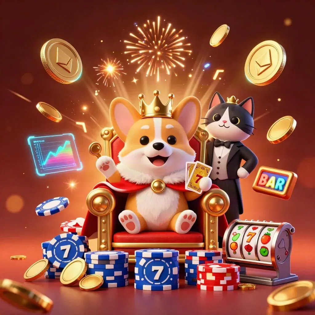 Royal corgi and cat butler explode coins, reels, and fireworks in a cosmic casino scene.
