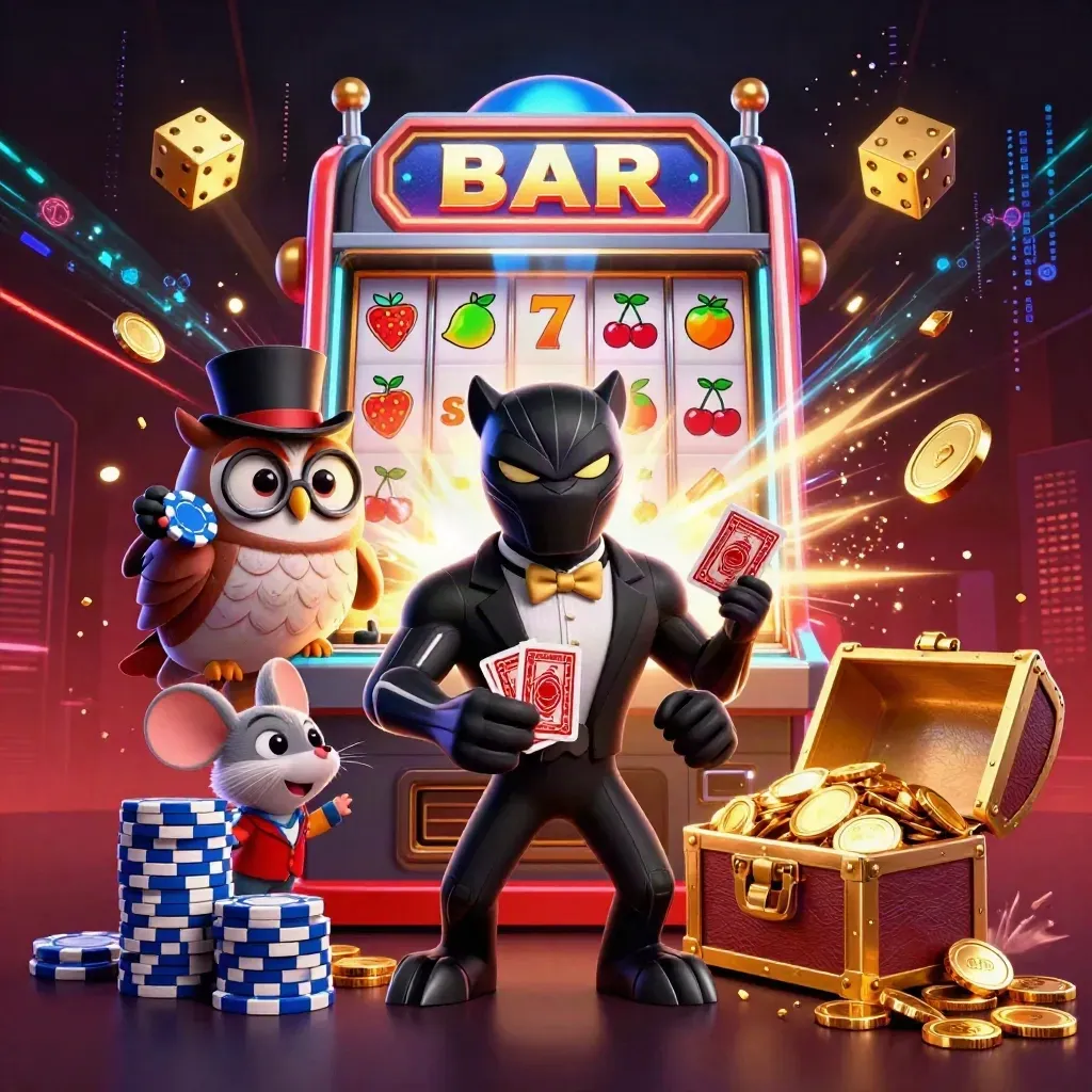 Panther, owl, and mouse in a casino blast with coins, slots, fireworks, and neon sky energy.