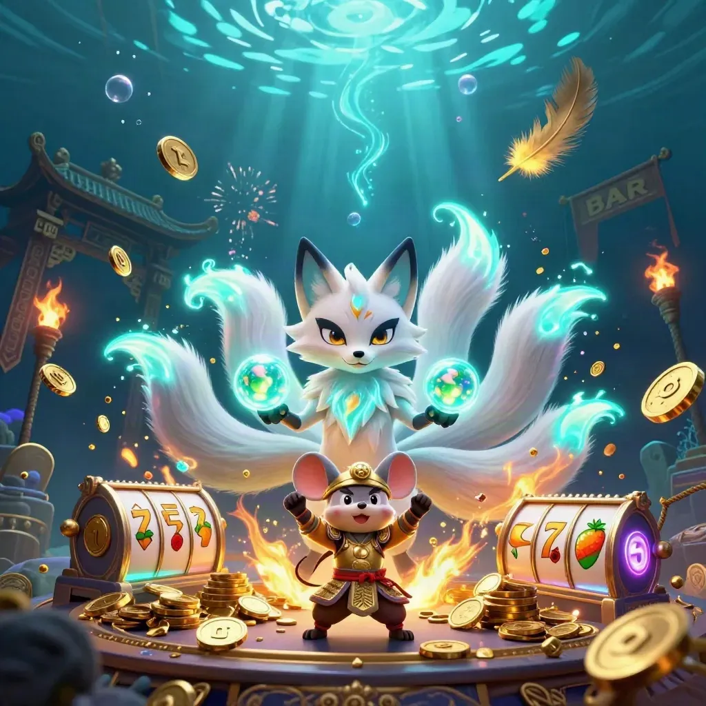 Neon fox spirit and armored mouse amid coins, slot symbols, temple gate, and underwater glow.