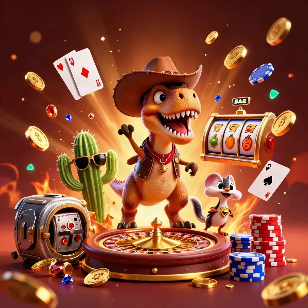 Cartoon cowboy T-Rex, cactus and roadrunner in a coin-and-chip casino explosion.