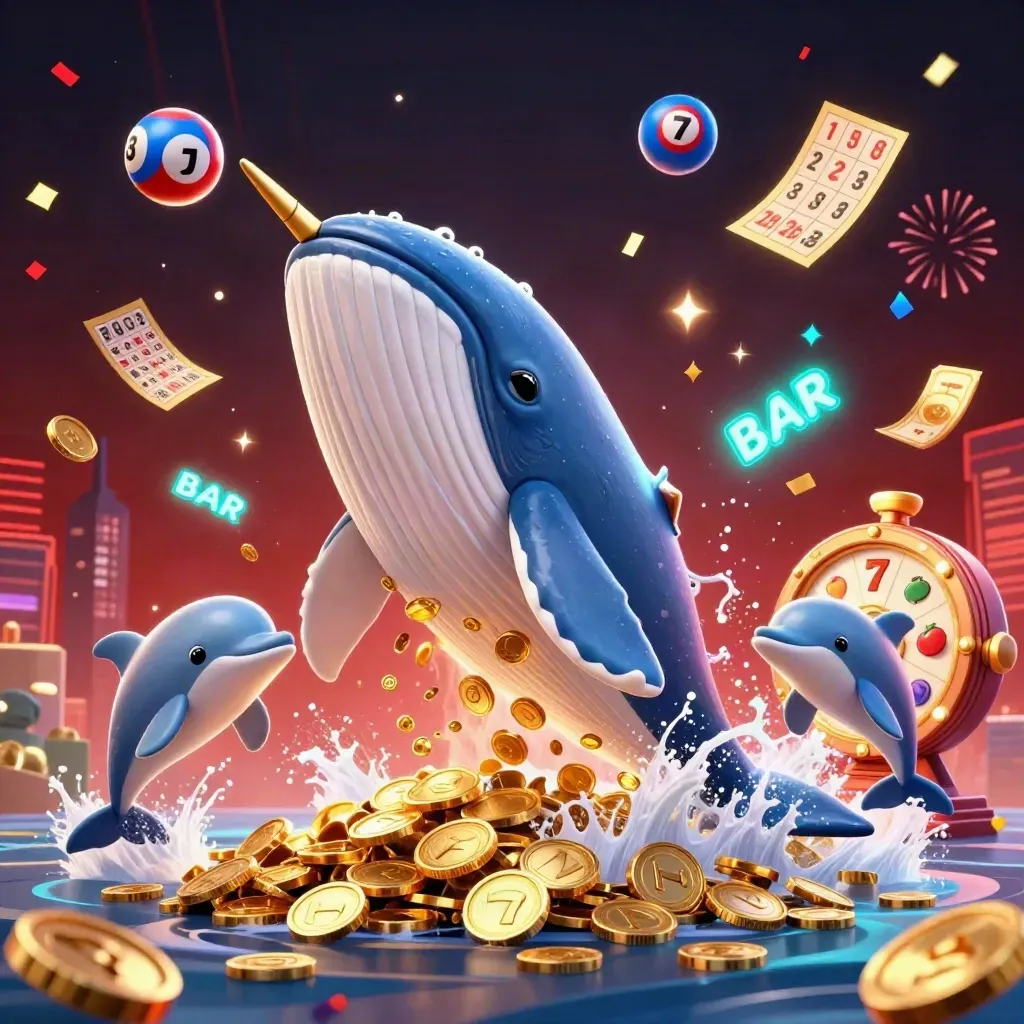 Whale captain, narwhal, and dolphins burst through gold coins with casino props and fireworks.