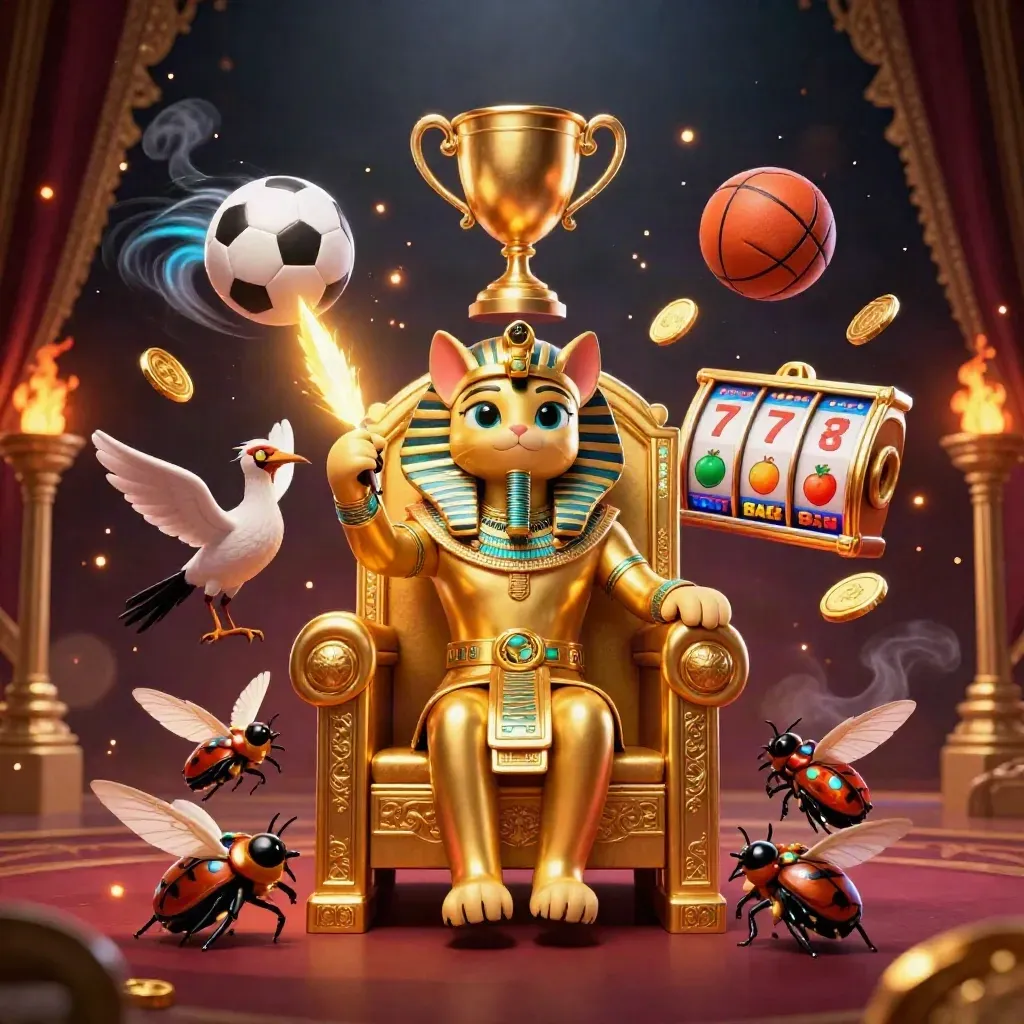 Pharaoh cat throne scene with ibis scribe, jeweled scarabs, casino balls, coins and glowing slot symbols.