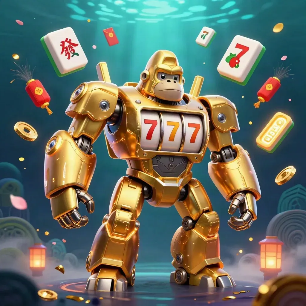 Golden gorilla mech with monkey pilot amid casino symbols, lanterns, coins, and glowing reels.