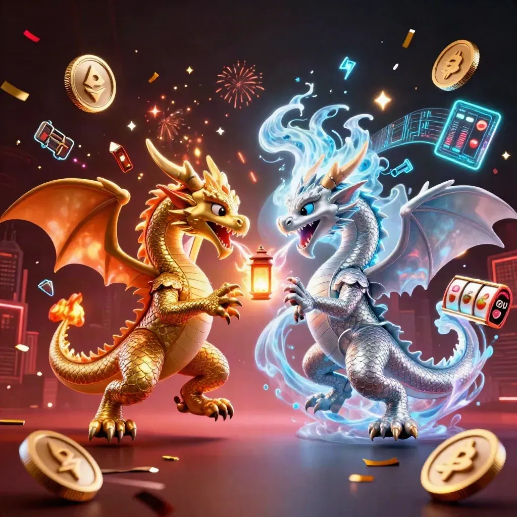 Gold and silver dragons swirl in a neon casino sky with coins, reels, lightning, and confetti.