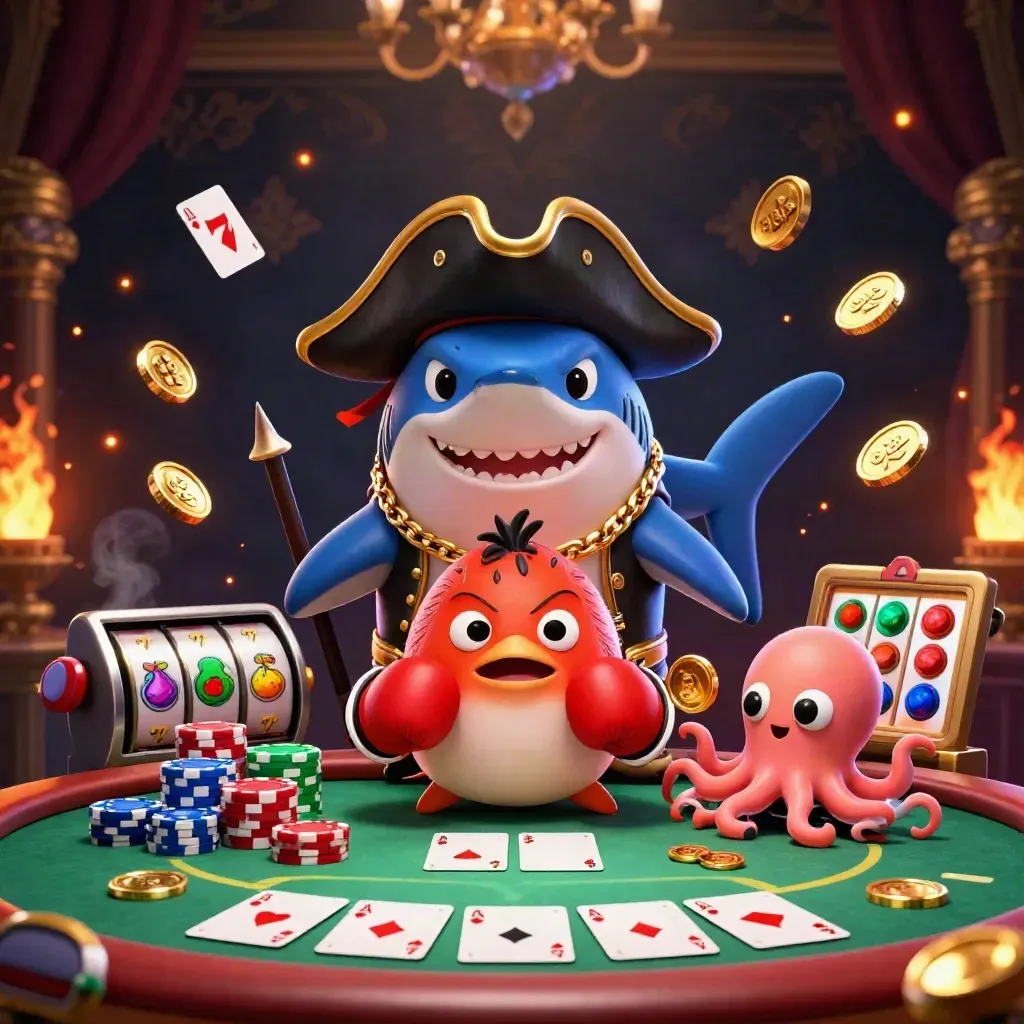 Pirate shark, boxing pufferfish, and juggling octopus amid casino chips, cards, and glowing slot reels.