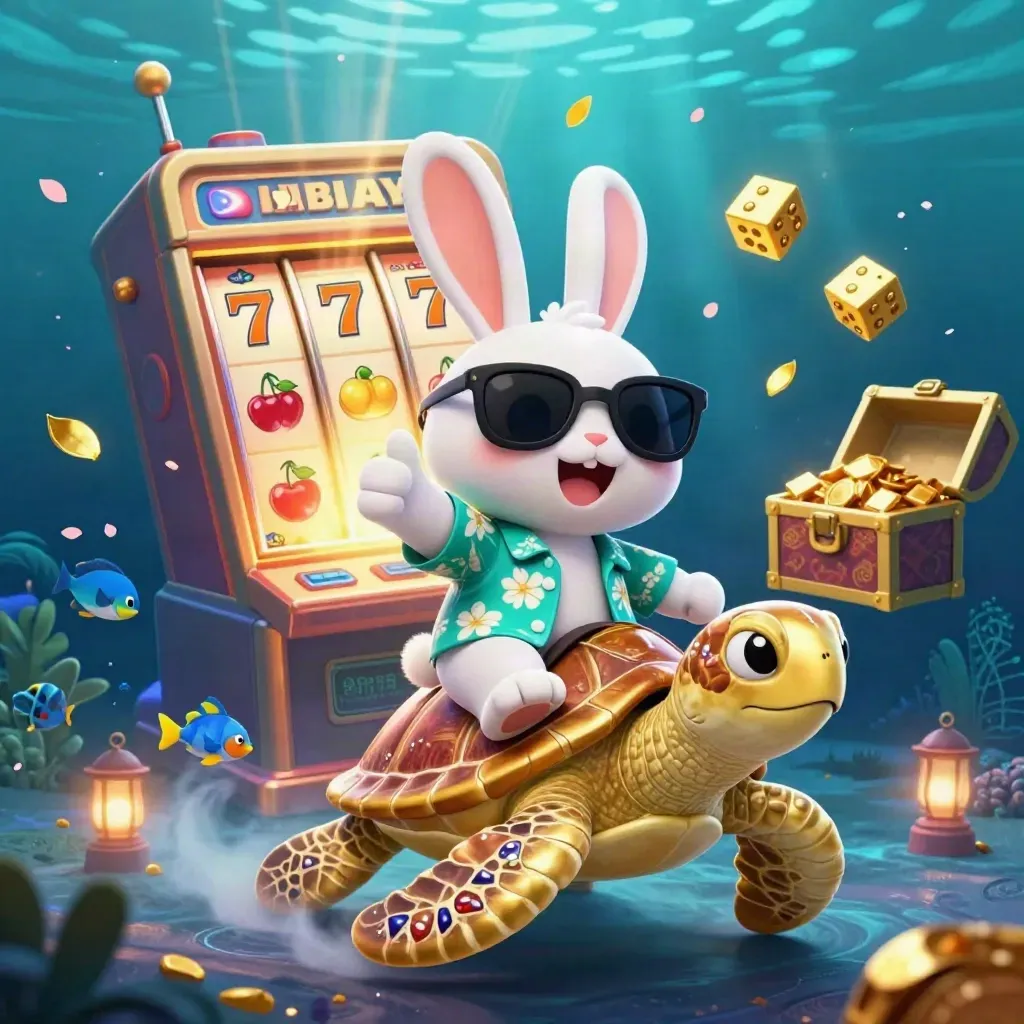 Rabbit in shades rides a jeweled sea turtle as slots, dice, and gold burst underwater.