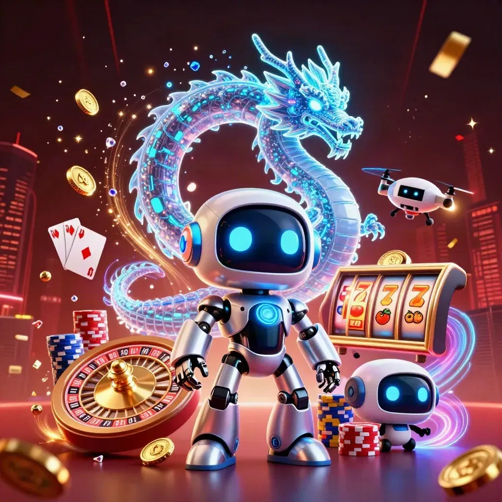 Robot mascot, holographic dragon and coin drone amid casino chips, coins and a spinning roulette wheel.