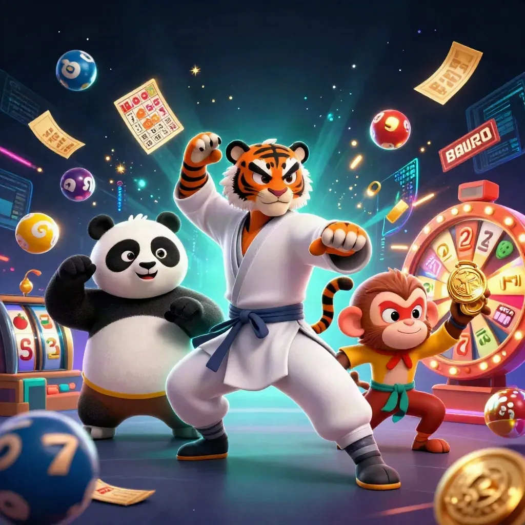 Kung-fu tiger, panda, and monkey amid casino rewards, neon sparks, and slot symbols.