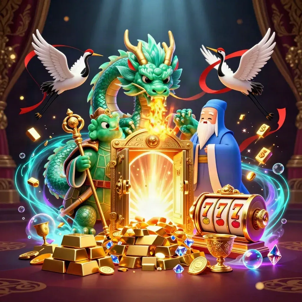 Jade dragon, turtle sage, and cranes amid a gold vault, gems, reels, and neon casino glow