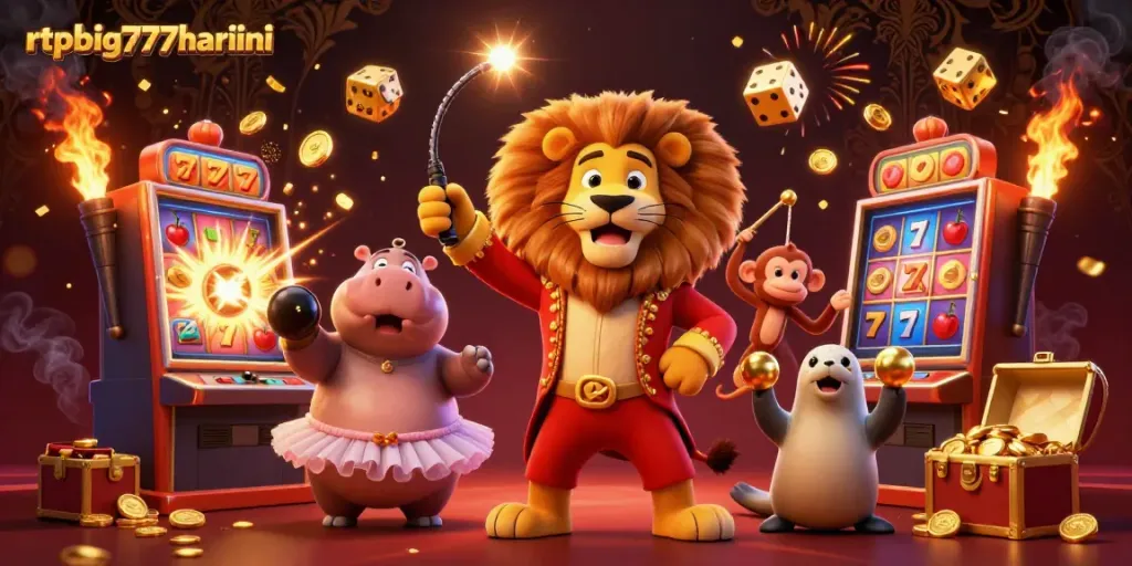 Engage with rtpbig777hariini's exciting slot machines surrounded by vibrant characters and golden treasures.