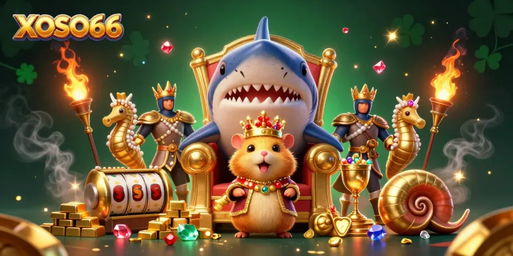 Elevate your gaming with XOSO66 featuring vibrant slot elements and a majestic golden hamster king.