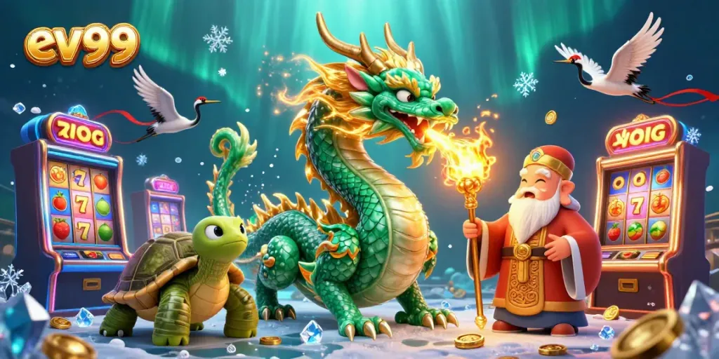 Experience ev99's thrilling casino adventure with a dragon and magical sage in a vibrant scene.