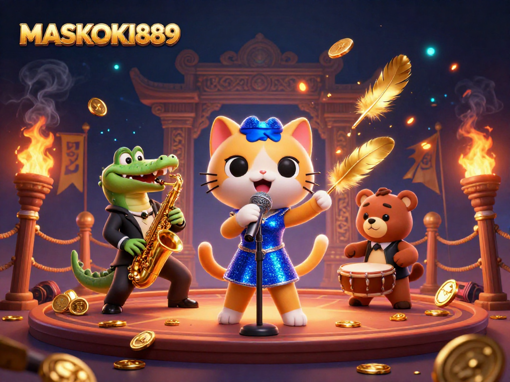 Experience the thrilling ambiance of MASKOKI889 with lively cartoon characters in a vibrant casino setting.