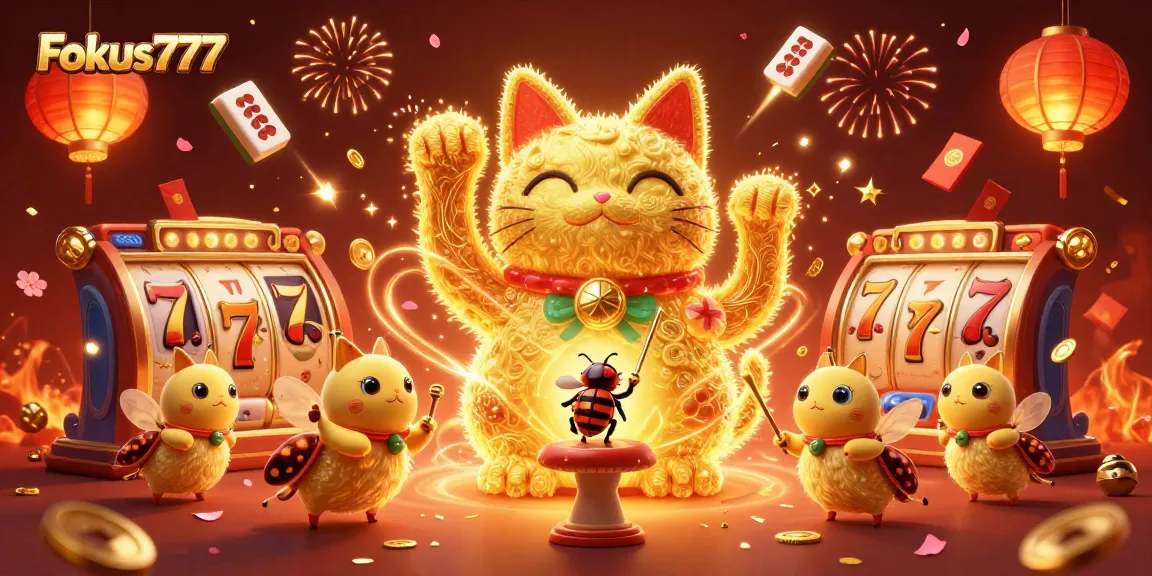 Experience the excitement of Fokus777 with a vibrant 3D illustration featuring lucky symbols and festive elements.