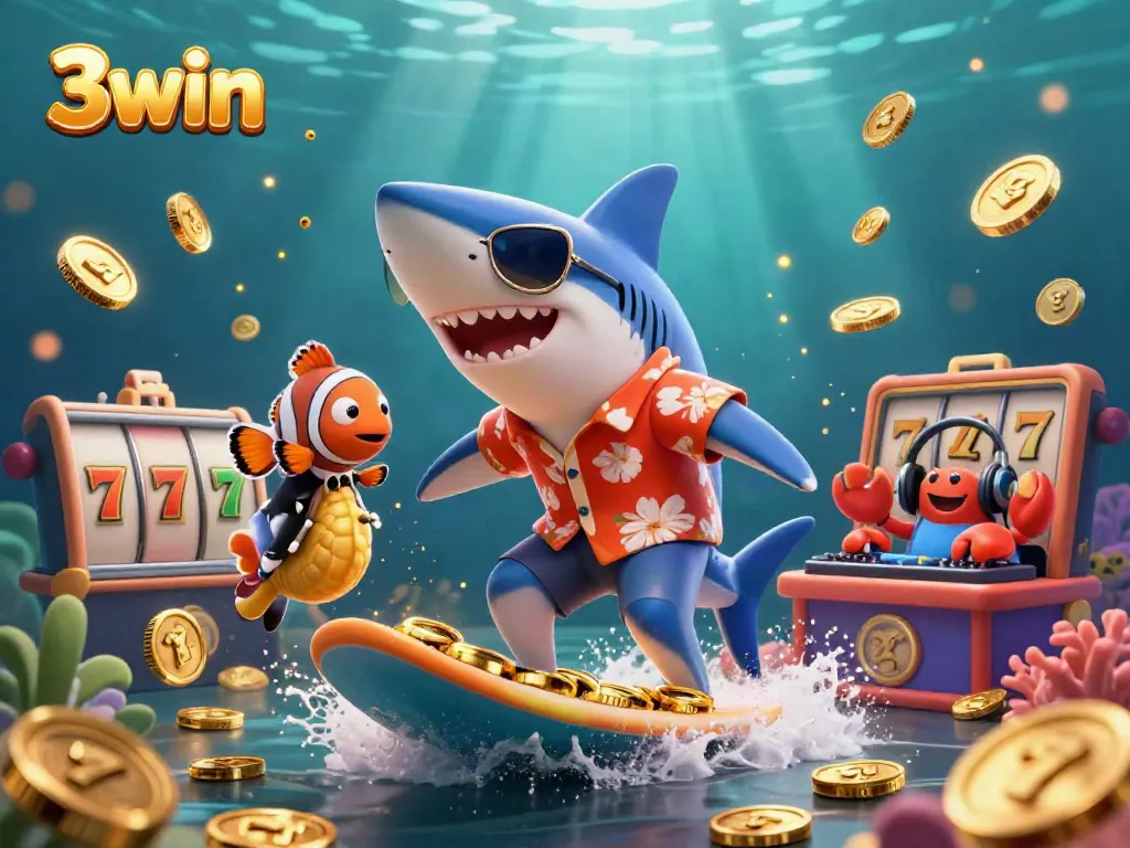 Play and win with 3win in a vibrant casino scene filled with gold coins and jackpot excitement.