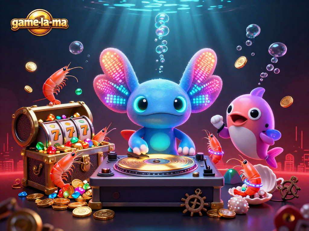 Experience the vibrant game-la-ma scene with neon axolotl DJ spinning exciting slot reels and treasure.