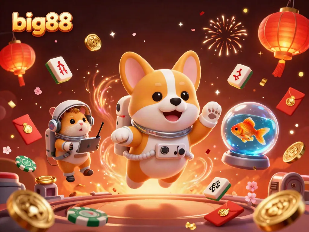 Experience the exciting world of big88 with an adventurous astronaut corgi in a vibrant casino setting.