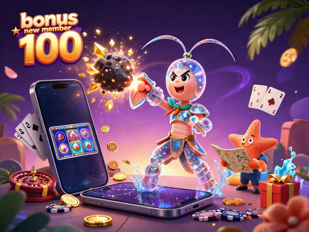 Experience thrilling gameplay with the bonus new member 100, capturing the excitement of slot games and jackpots.