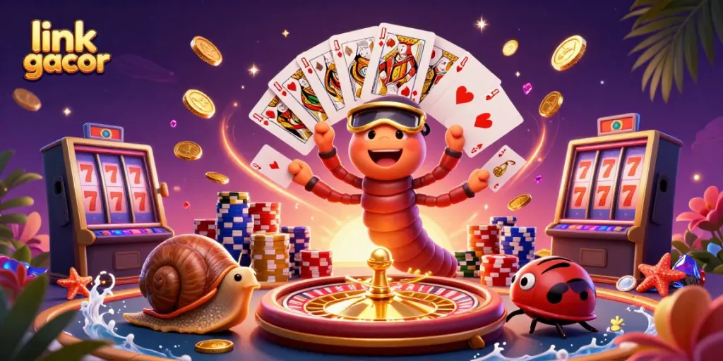 Spin to win with link gacor in an exciting casino themed illustration featuring a millipede dealer and high-roller snail.