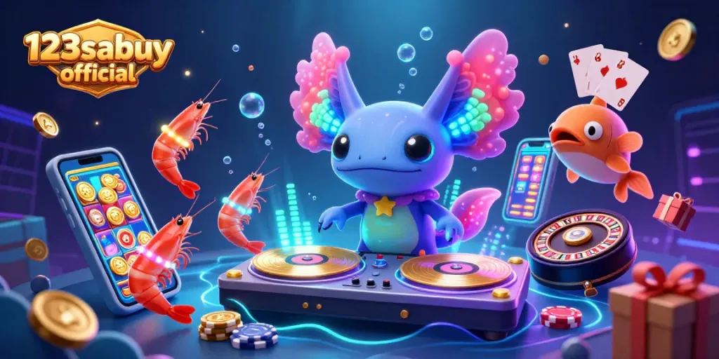 Engage with 123sabuy official in a vibrant casino scene featuring spinning slot games and energetic underwater vibes.