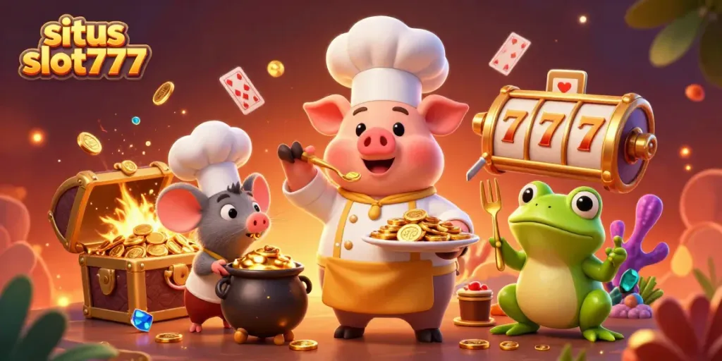 Situs slot777 showcases a pig chef serving gold coins with playful casino elements in a vibrant scene.