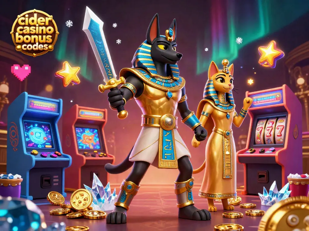 Play slots and win with cider casino bonus codes featuring Anubis and Bastet in a dynamic 3D scene.
