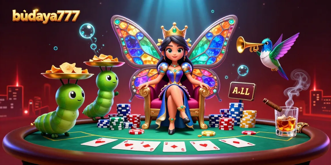 Budaya777, menjelajahi dunia permainan kasino dengan putri ratu kupu-kupu dan chip emas.