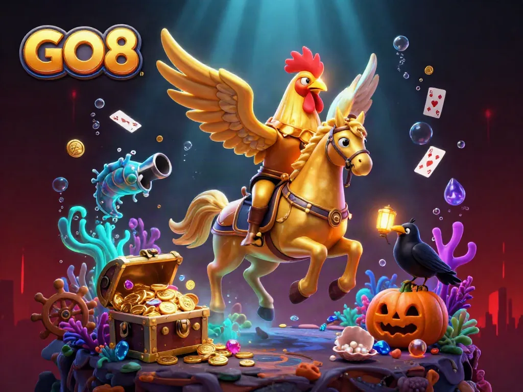 Experience the GO8 casino adventure with a golden rooster horseman and luminous treasures in this captivating scene.