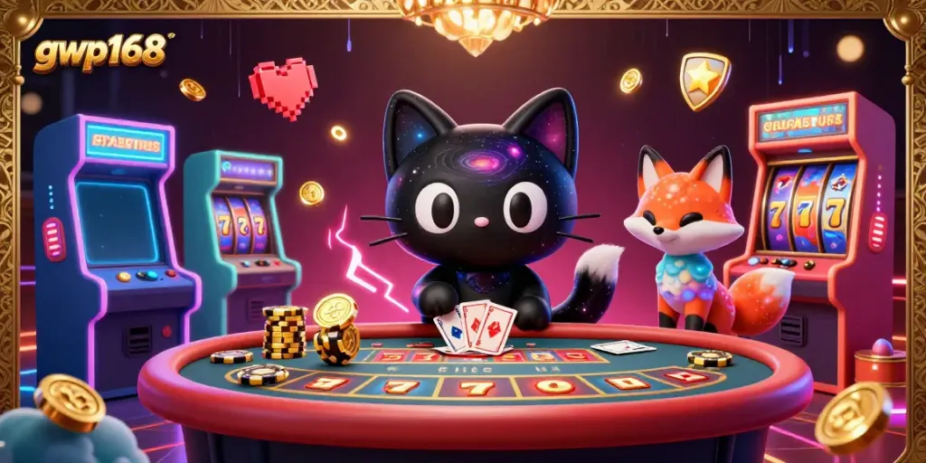 Menangkan dengan gwp168! Kucing dan rubah galaksi beraksi di meja kasino dengan elemen slot.