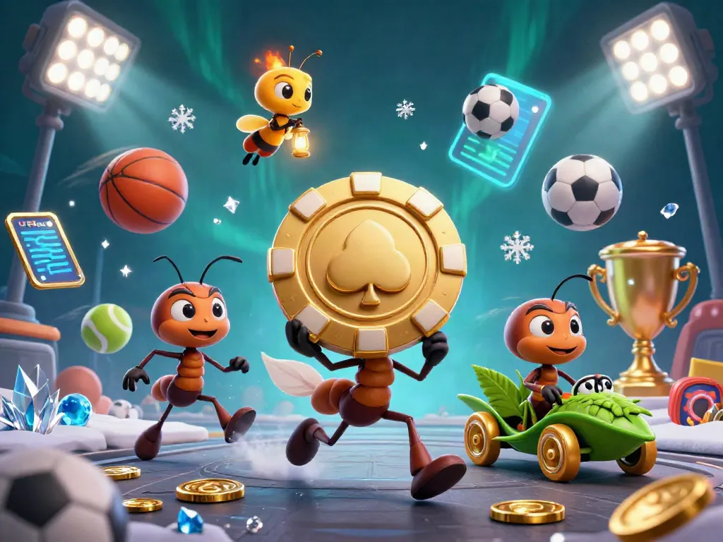 UGDEWA showcases a dynamic 3D heist scene featuring ants carrying a giant poker chip amidst sports and casino elements.