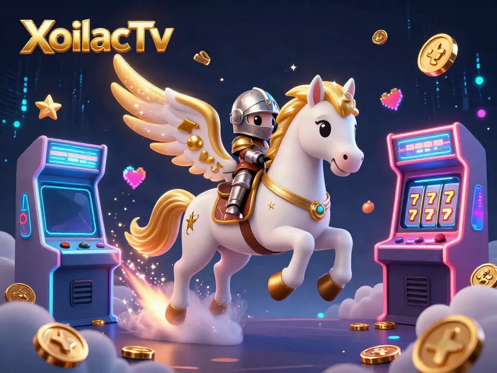 XoilacTv's immersive gaming environment illustrates a celestial horse and knight amid vibrant slot machine action.