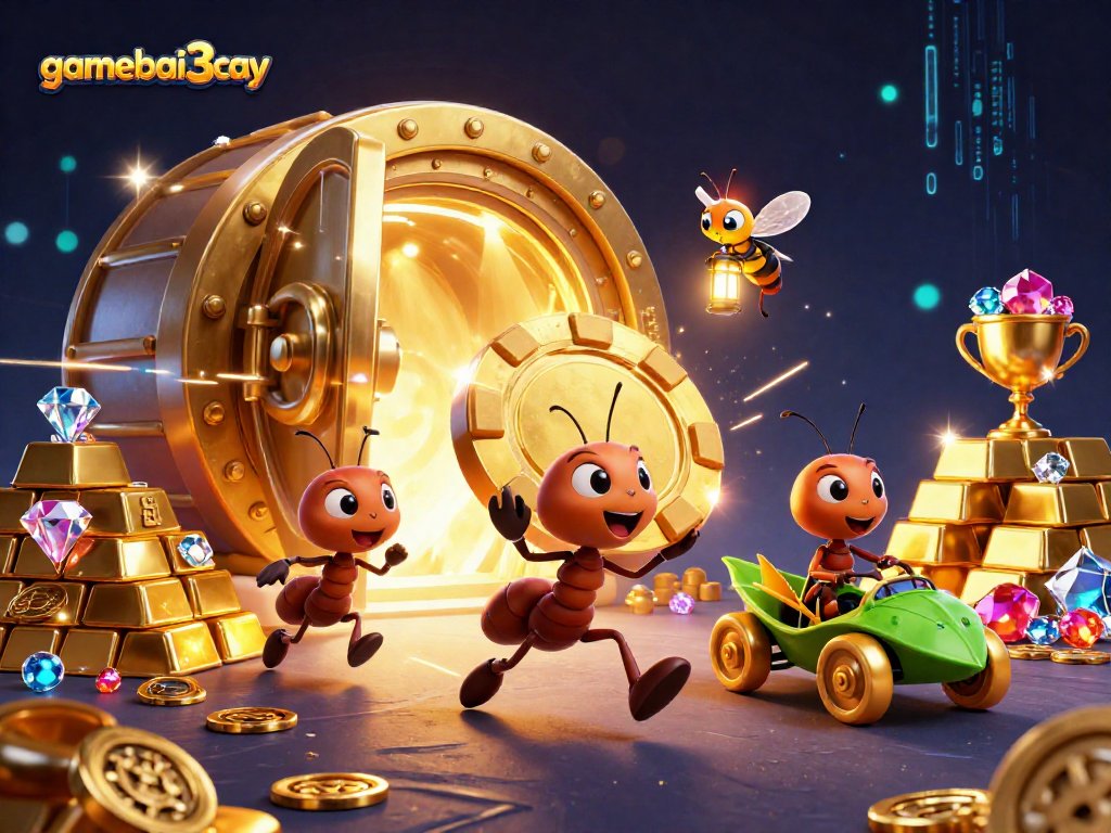 gamebai3cay ants executing a daring heist with golden poker chips in a vibrant casino scene