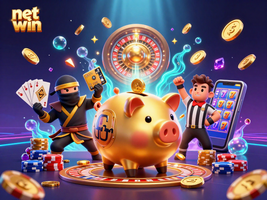 Engage in the net win experience with a vibrant 3D scene featuring a golden piggy bank sumo wrestler.