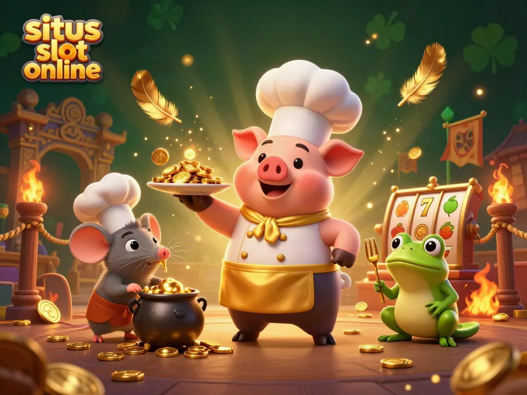 Ilustrasi situs slot online dengan karakter kartun di kasino yang menarik dan interaktif.