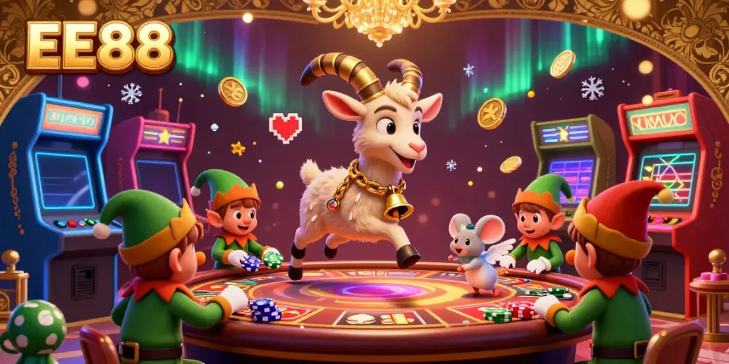 Engage in thrilling gameplay at EE88, where a festive Krampus goat, angel mouse, and mischievous elves enliven a holiday-themed casino.