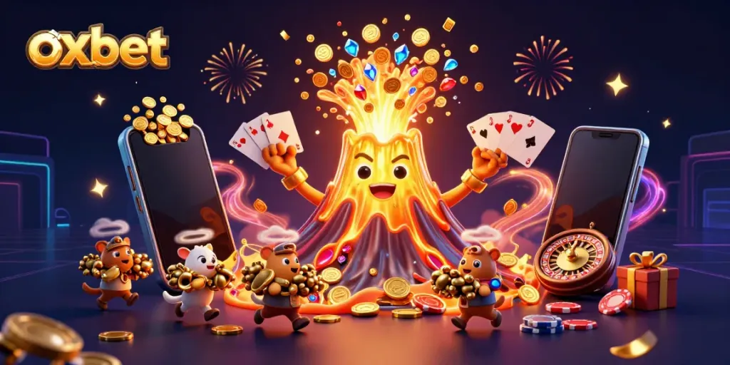 Experience the excitement of oxbet with a vibrant illustration featuring a golden volcano erupting treasures and dynamic casino elements.