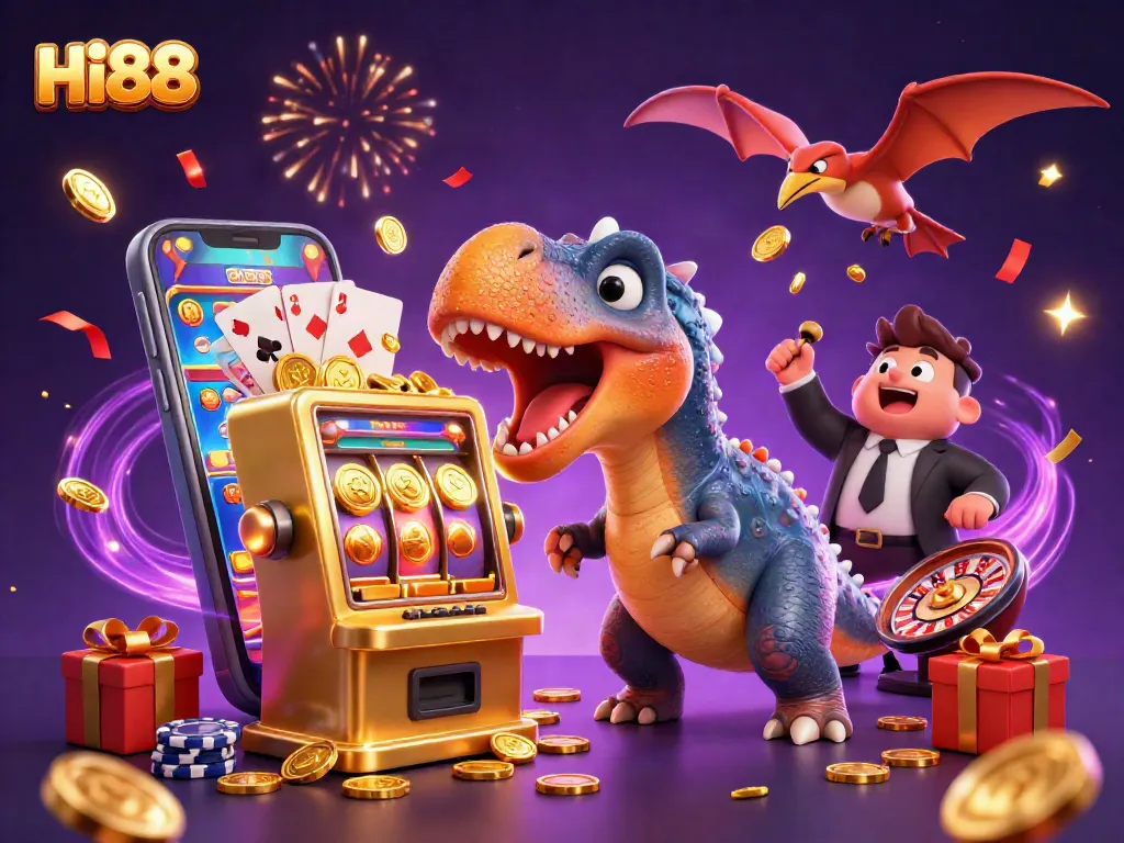 Hi88 casino scene with colorful characters celebrating jackpot wins and gameplay excitement.