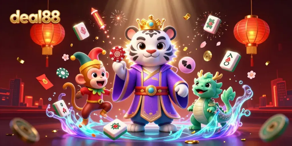 Engage with deal88's thrilling casino experience featuring lively gambling elements and vibrant characters.