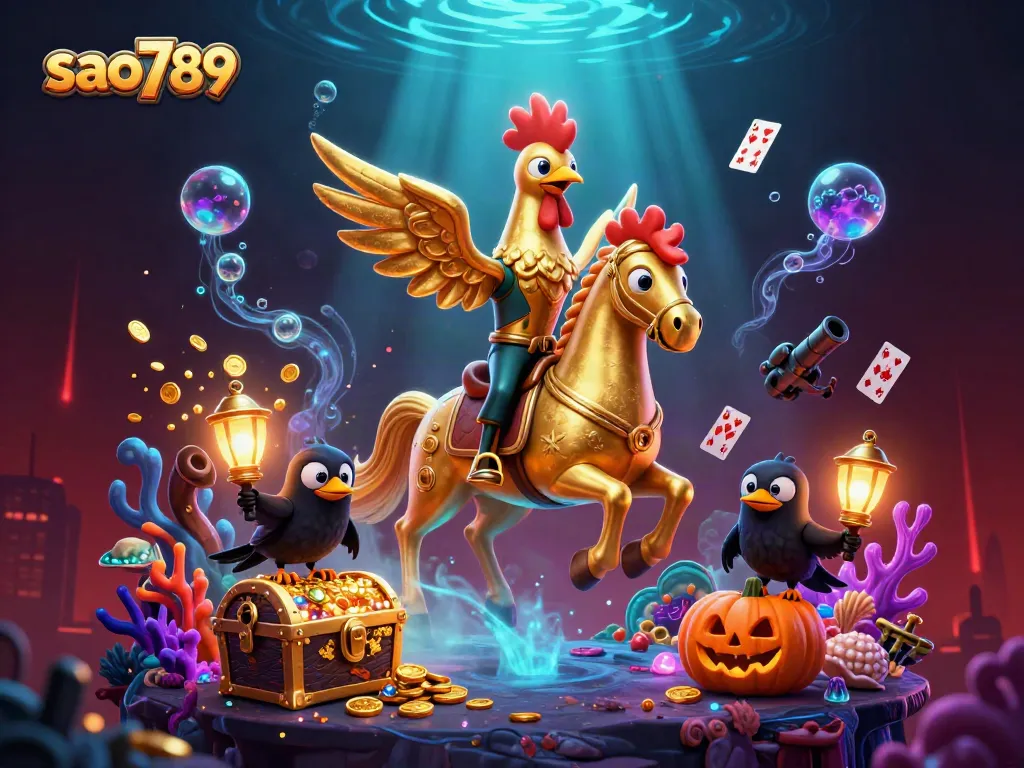 Sao789 showcases an energetic golden rooster in a vibrant casino scene filled with treasures and gaming elements.