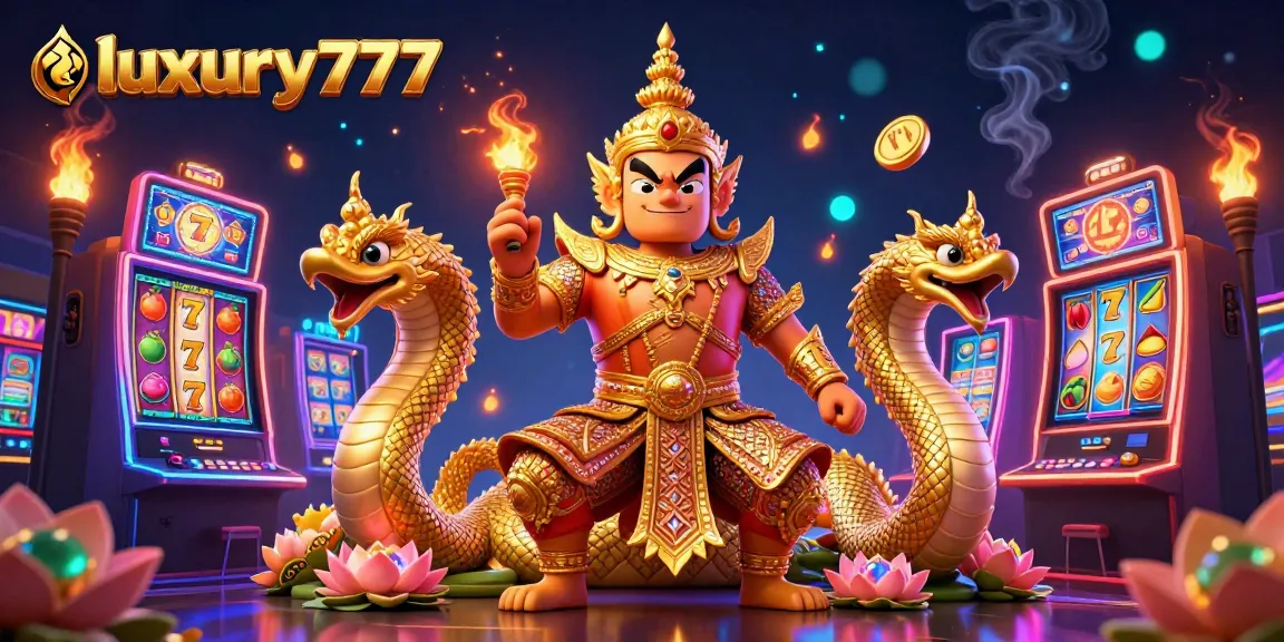 Luxury777 menghadirkan suasana slot dengan karakter penjaga kuil berarmor emas dan naga, penuh warna dan detail.