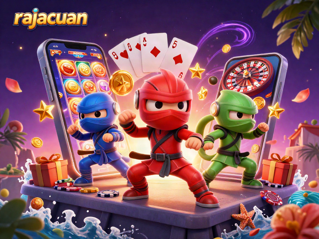 Experience exhilarating gaming action with rajacuan's vibrant 3D casino scene featuring chameleon ninjas.