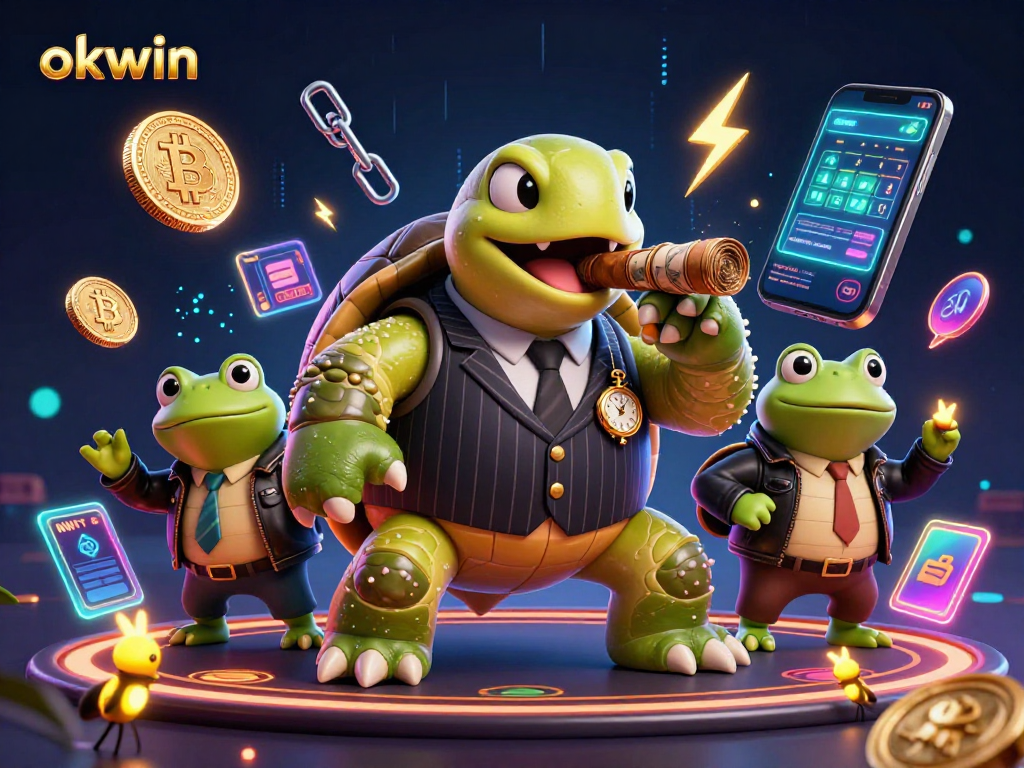 okwin casino scene featuring a turtle in a mobster suit surrounded by crypto elements and colorful lights