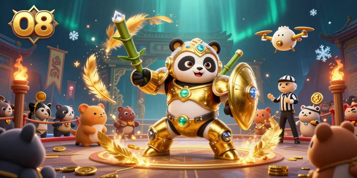 Engage in thrilling gameplay at O8 with vibrant 3D illustration of a golden panda battling in a lively arena.