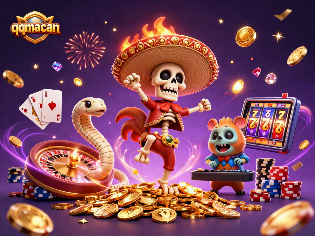 Experience thrilling gameplay with qqmacan's festive casino scene featuring vibrant characters and dynamic elements.
