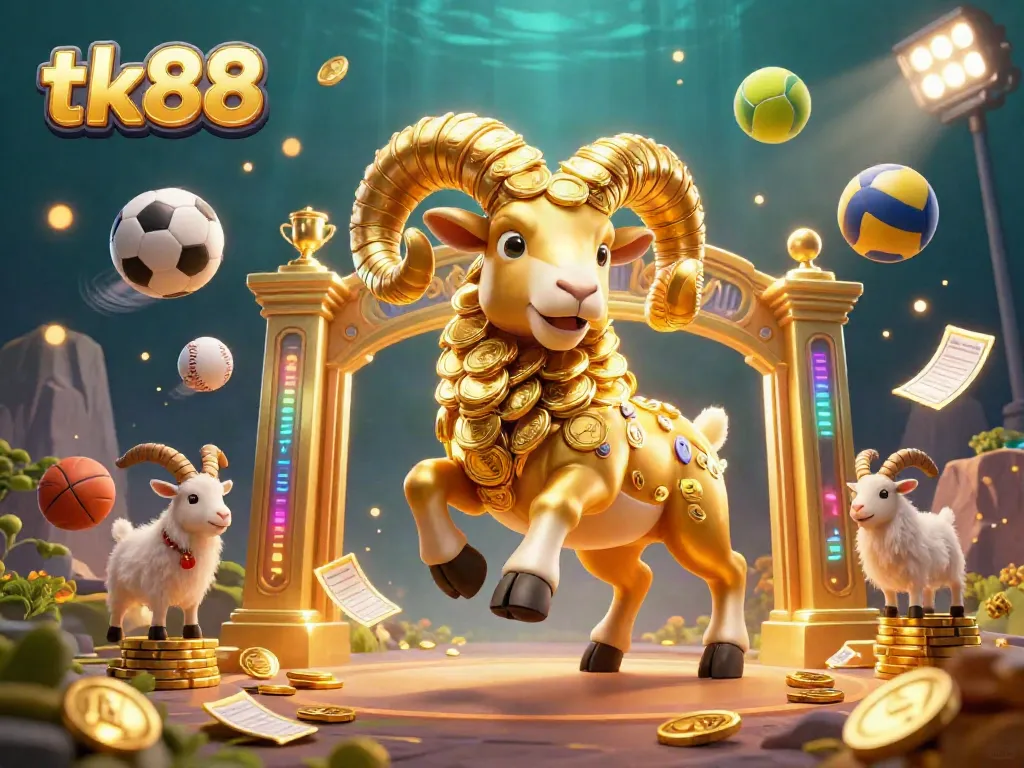 Experience thrilling moments with tk88 as the golden ram charges through a vibrant casino scene filled with dynamic sports elements.