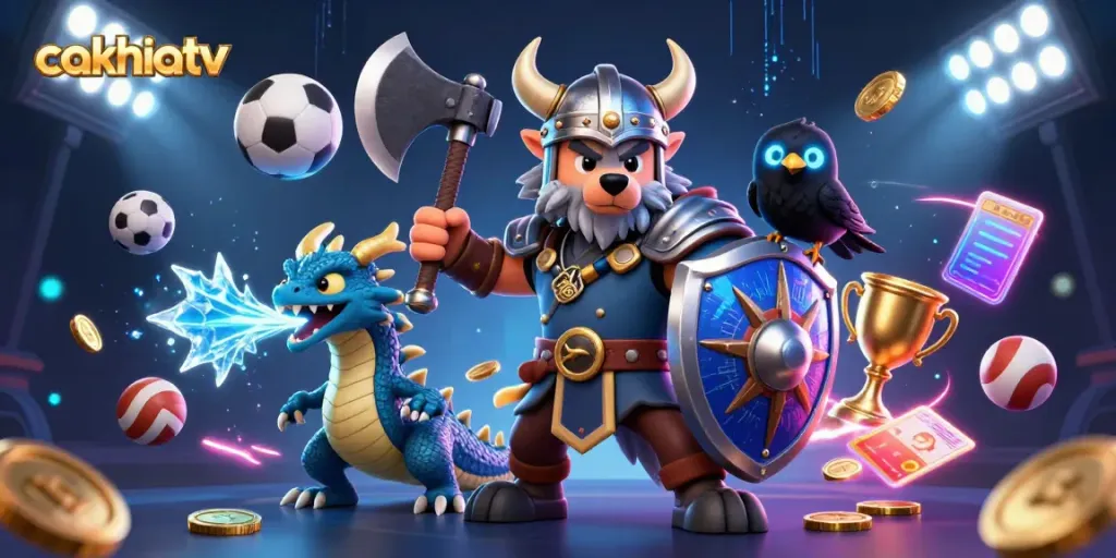 CakhiaTV engages players with an exciting scene featuring a Viking wolf warrior, dynamic sports elements, and a fierce dragon.