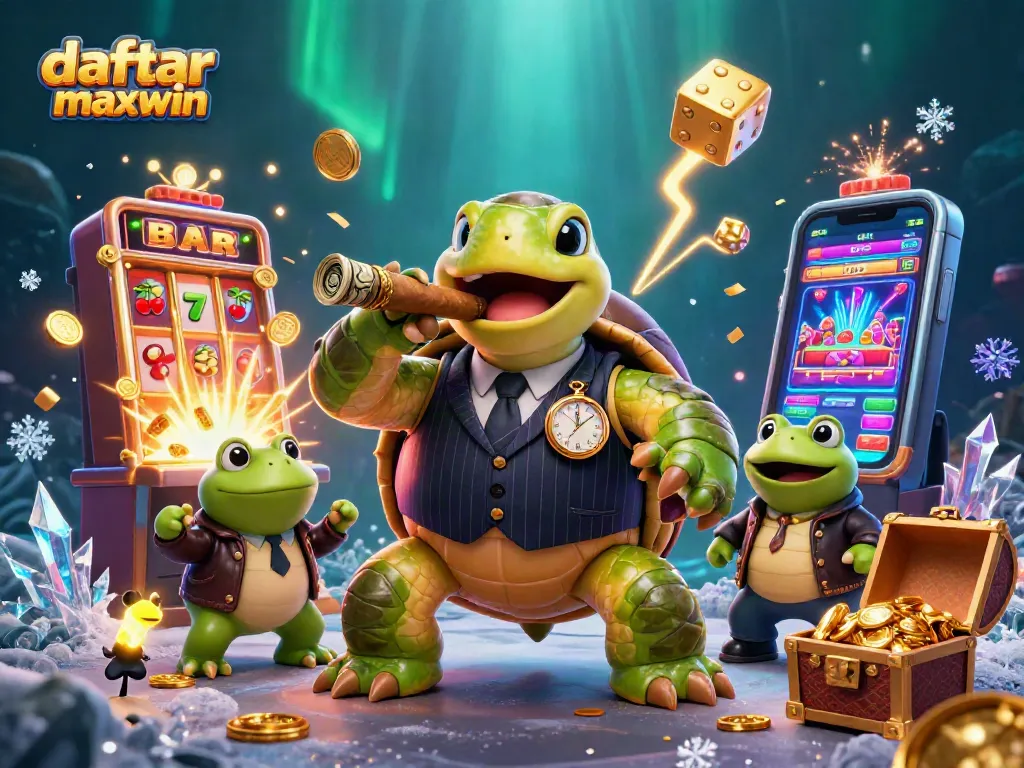 Mainkan daftar slot maxwin dengan gaya, menunjukkan penyu gangster dan pelindung katak di kasino