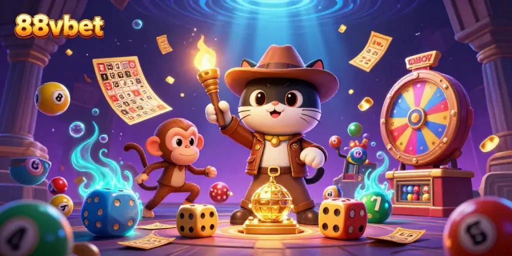 Experience the thrill of winning with 88vbet in this vibrant 3D digital casino adventure scene.