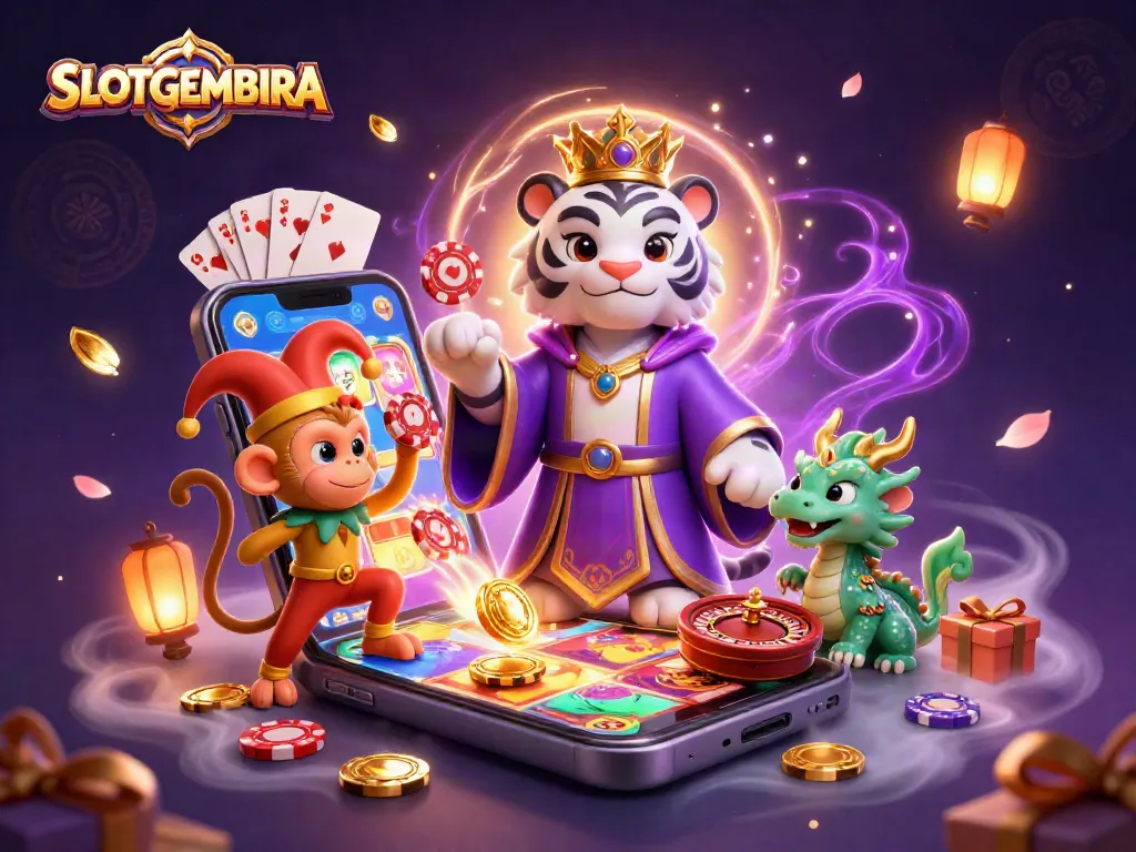 SLOTGEMBIRA showcases an ultra-detailed 3D scene with a white tiger, golden monkey, and jade dragon surrounded by vibrant gambling elements.